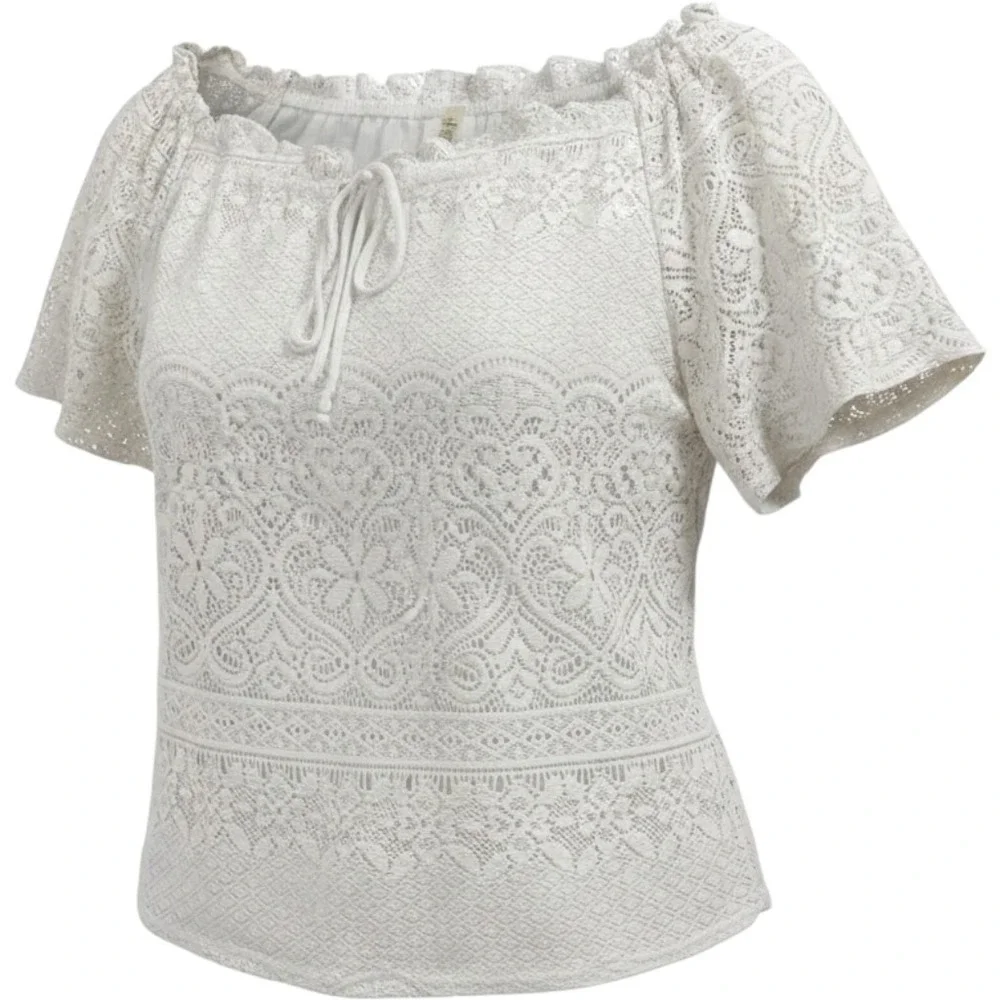 NY Collection Petite White Lace Peasant Blouse PXL Off Shoulder Short Sleeve Top